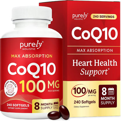 CoQ10 100mg Softgels, Heart Health Support, 8 Month Supply, High Absorption | Coenzyme Q10 for Energy Levels & Vitality Support, Co Q 10 Supplement, Non-GMO, Gluten-Free, 240 Co Q10 Softgels (Once-Daily)