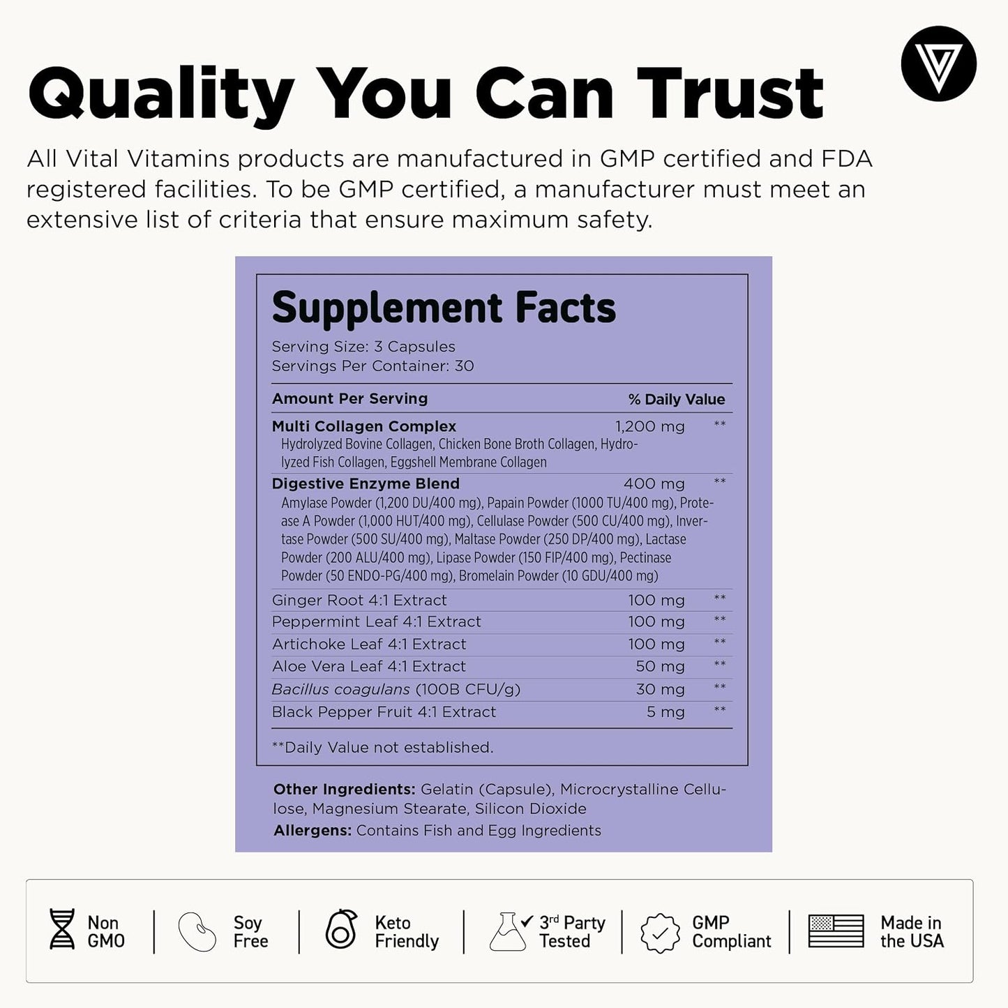 Vital Vitamins Multi Collagen Complex Plus + Gut, Probiotics & Enzymes | 5 Collagen Types I, II, III, V & X with Digestive Enzyme Blend, 3 Billion CFU Probiotic & Gut Botanicals, 90 Capsules