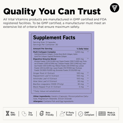 Vital Vitamins Multi Collagen Complex Plus + Gut, Probiotics & Enzymes | 5 Collagen Types I, II, III, V & X with Digestive Enzyme Blend, 3 Billion CFU Probiotic & Gut Botanicals, 90 Capsules