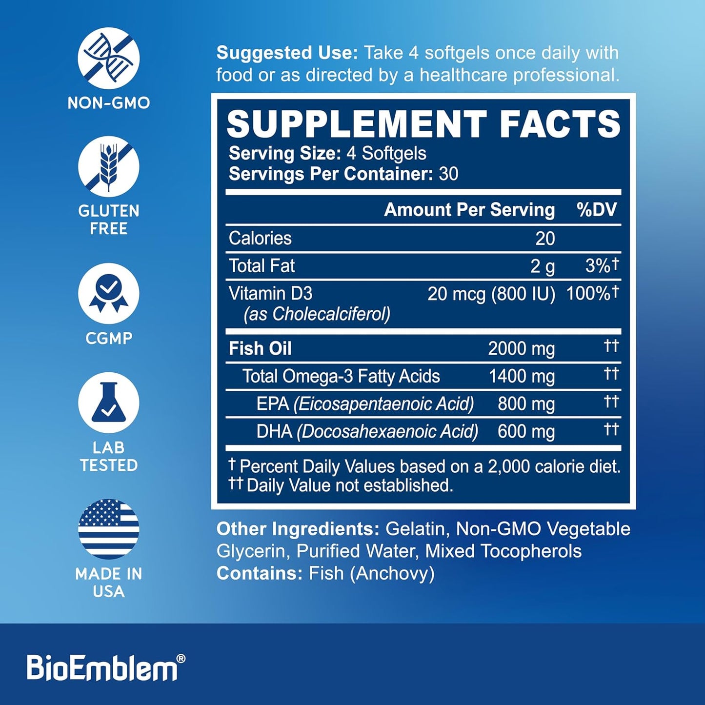 BioEmblem Omega-3 Fish Oil 2000mg Per Serving - Small Size Softgels, High Absorption Form, Sustainable - EPA &DHA Plus Vitamin D3, Non-GMO, Heart, Joint, & Brain Health Fish Oil Supplement, 120 Ct