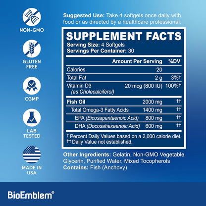 BioEmblem Omega-3 Fish Oil 2000mg Per Serving - Small Size Softgels, High Absorption Form, Sustainable - EPA &DHA Plus Vitamin D3, Non-GMO, Heart, Joint, & Brain Health Fish Oil Supplement, 120 Ct
