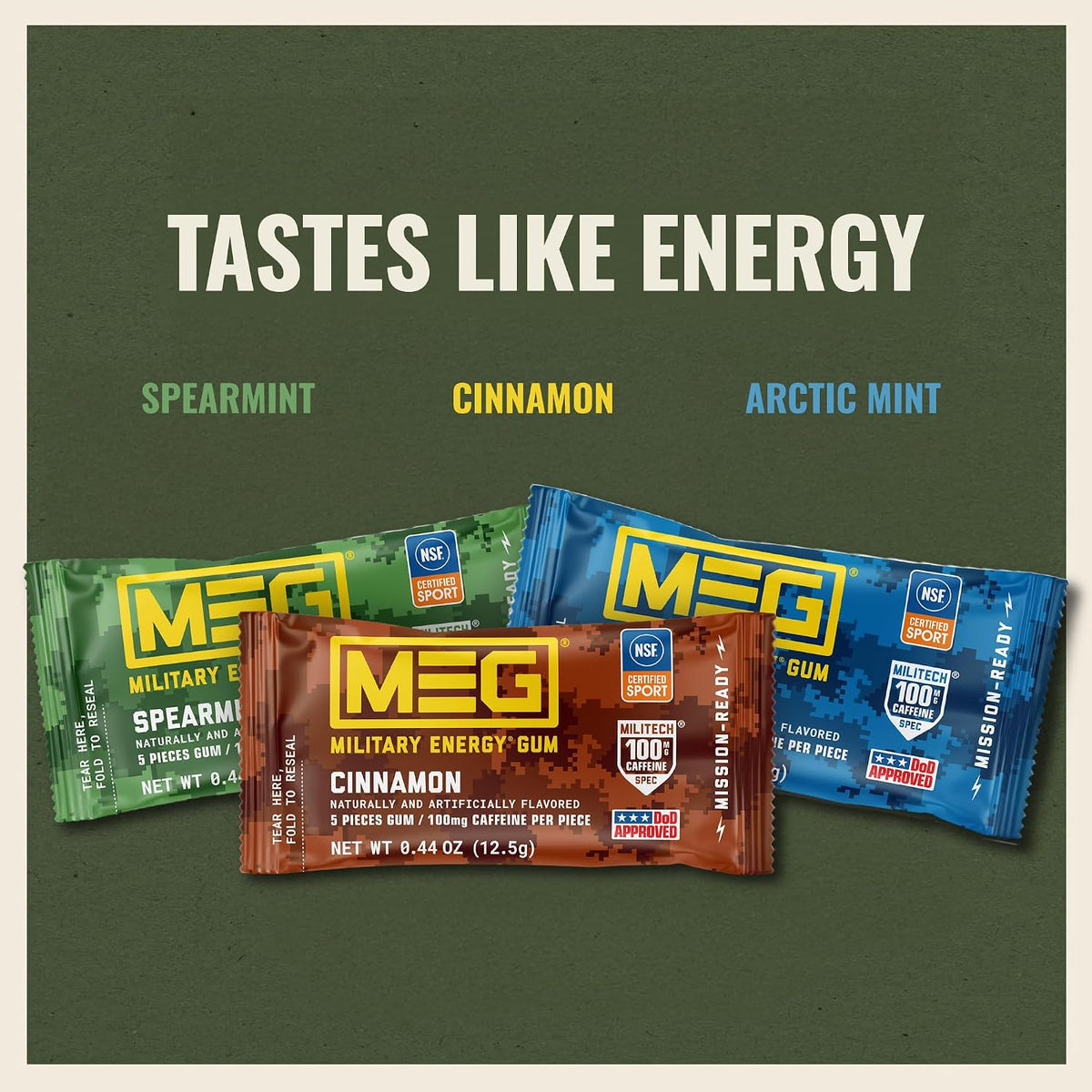 MEG Military Energy Gum, Multi Flavors | Caffeine Gum - Pack of 3, 15 Count