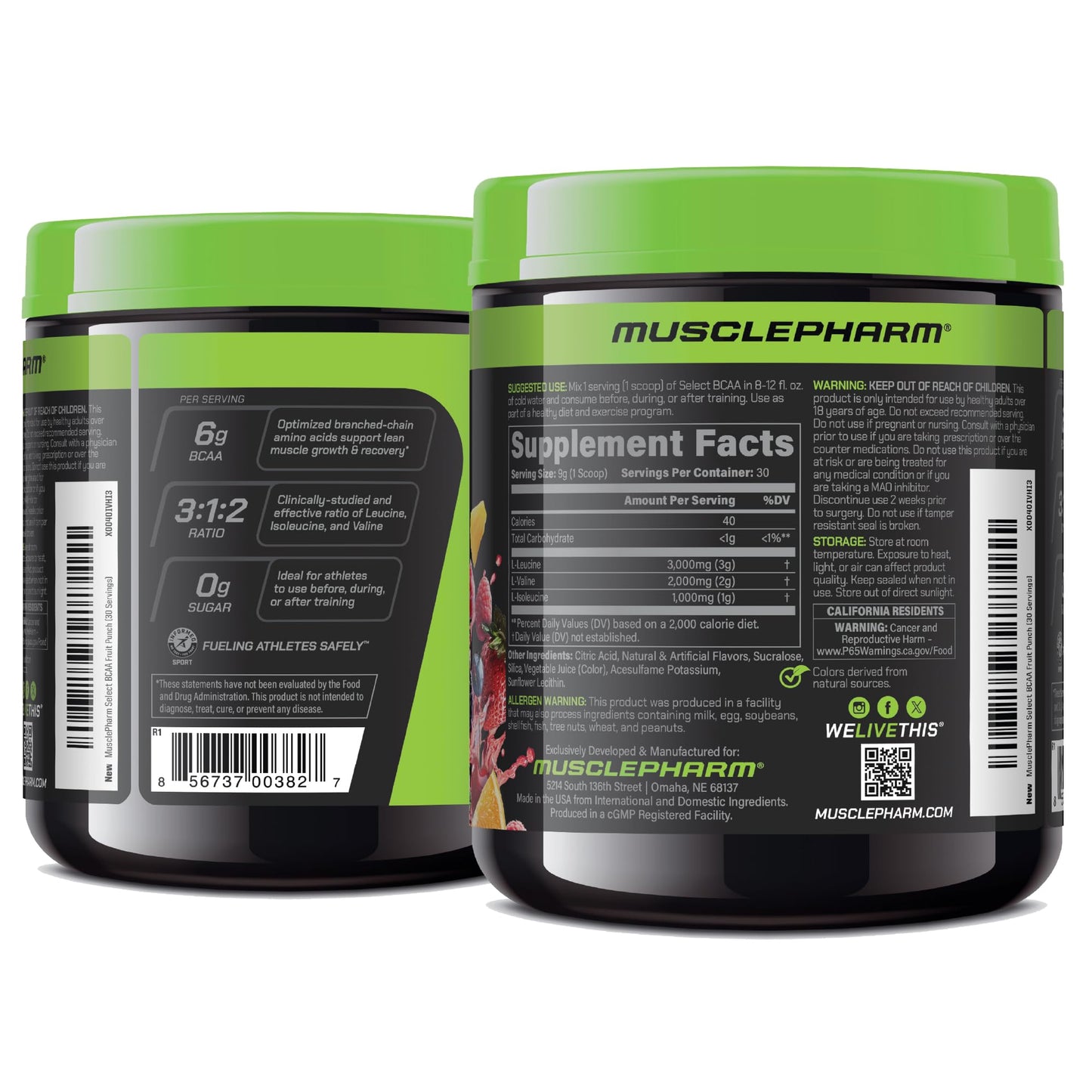 MusclePharm Essentials BCAA Powder, Pre & Post Workout Recovery Drink, Supports Muscle Recovery & Energy, Essential Amino Acids, 30 Serv, Fruit Punch