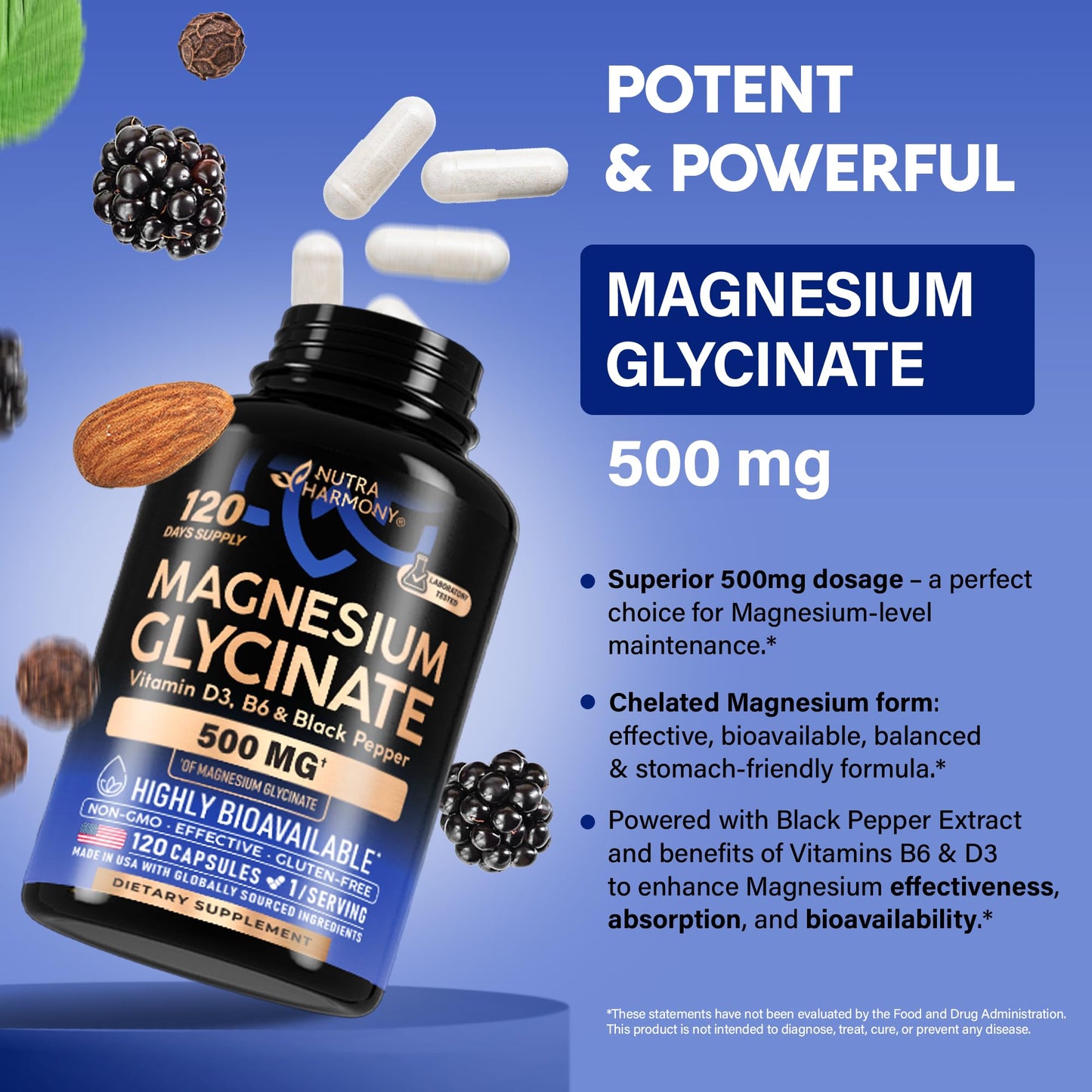 Magnesium Glycinate 500 mg - Chelated Supplement - High Absorption Form of Magnesium - Support for Sleep, Muscle & Heart Health - for Women & Men - Lab Tested & Non-GMO - 120 Capsules