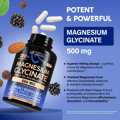 Magnesium Glycinate 500 mg - Chelated Supplement - High Absorption Form of Magnesium - Support for Sleep, Muscle & Heart Health - for Women & Men - Lab Tested & Non-GMO - 120 Capsules