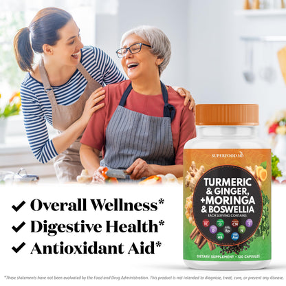 Turmeric Moringa Supplement | Ginger, Boswellia, Saffron, Holy Basil- Joint Support Supplement for Women and Men with Ceylon Cinnamon, Quercetin, Tart Cherry- 240 Count