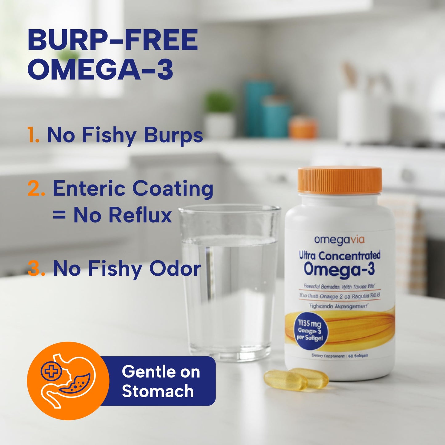 OmegaVia Ultra Concentrated Omega 3 Fish Oil Burpless, 60 Softgels, Triple Strength Omega 3 Fish Oil Supplements, 1135 mg Pure Omega3, No Fishy Burps, High EPA DHA DPA, IFOS 5-Star