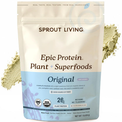 Sprout Living Epic Protein, Plant Based Protein & Superfoods Powder, Vanilla Lucuma Powder | 20 Grams Organic Protein Powder, Vegan, Non Dairy, Non-GMO, Gluten Free, Low Sugar (1 Pound, 12 Servings)