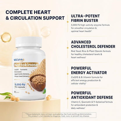 Nattokinase Supplement 5,000 FU per Capsule (10,000 FU per Serving) with CoQ10, Red Yeast Rice, Vitamin K2, Bromelain & Herbal Blend - Heart, Circulation & Vascular Support - 60 Veggie Capsules