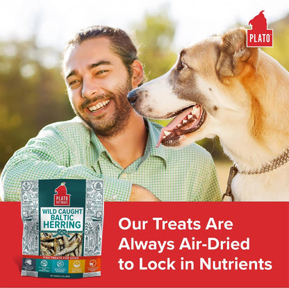 Plato Pet Treats Fish Dog Treats - Air-Dried, Single Ingredient Pet Treat - Omega 3 & 6 Fatty Acids to Support Skin and Coat - 100% Whole Fish - Wild Caught Baltic Herring - 3oz - 2 Pack