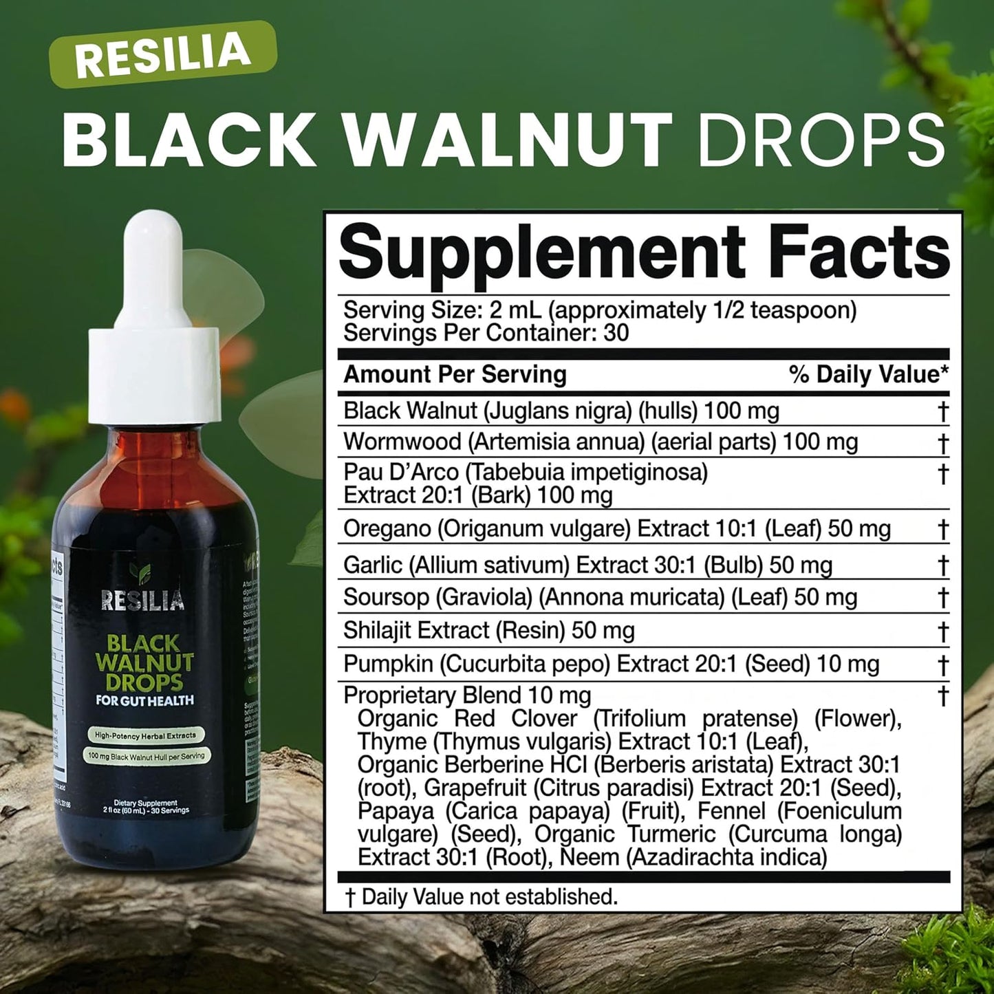 Resilia Herbal Cleanse Liquid Drops – Black Walnut & Wormwood Extract with Pumpkin Seed, Garlic & Turmeric – Alcohol-Free Tincture for Digestive & Daily Wellness Support, 2 fl oz