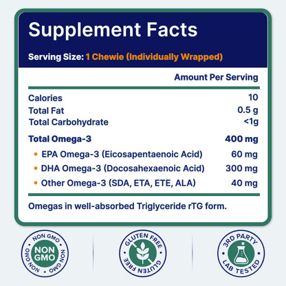 OmegaVia Omega 3 Chewies, Daily DHA Chewable Vitamins for Kids, Omega 3 for Ages 3-12 to Support Brain & Eye Health, Sugar-Free Natural Fruit Flavor, Omega 3 Fish Oil, 30 Individual Packets