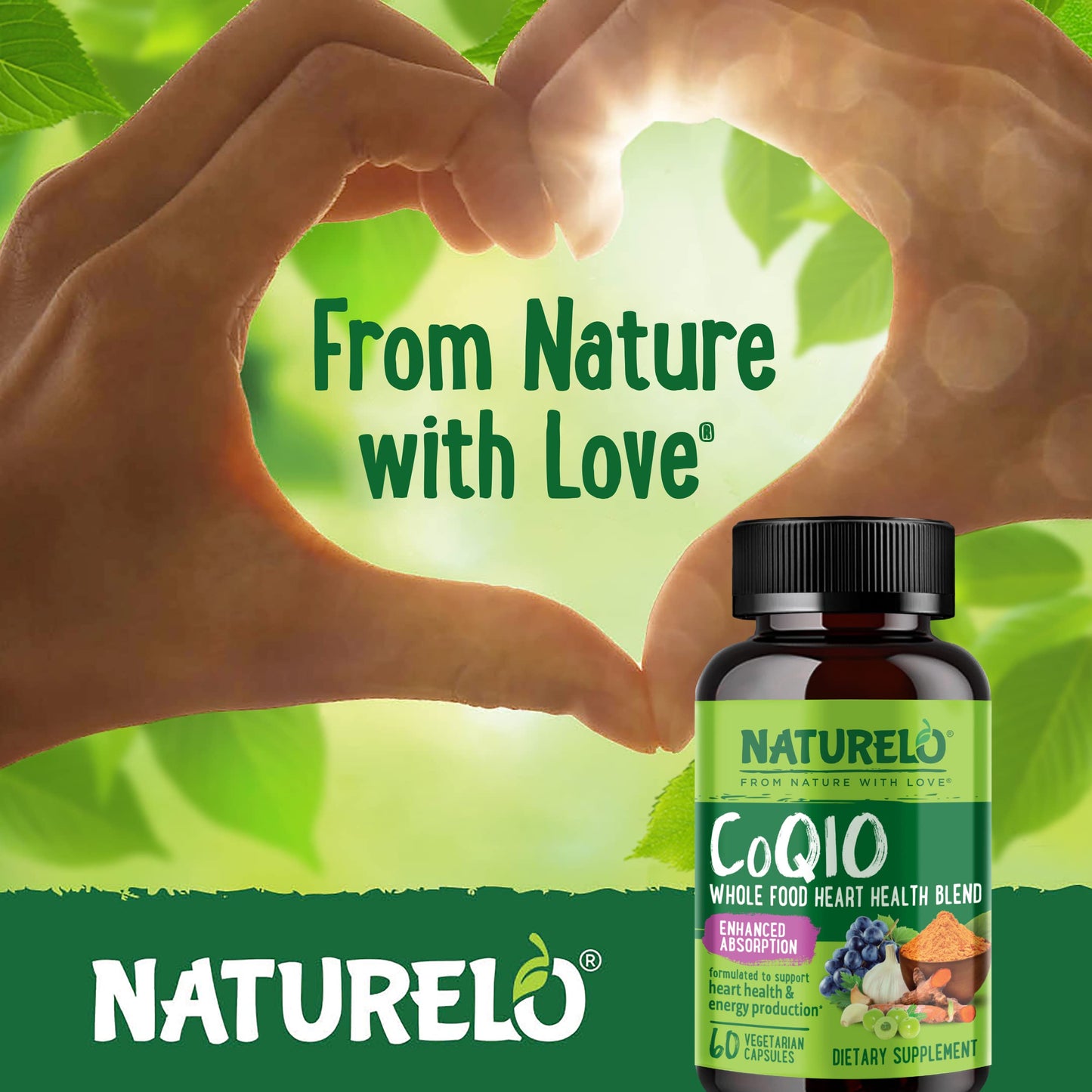 NATURELO Whole Food CoQ10 Supplement, 120 Veg Capsules, Heart Health Blend, Powerful Antioxidant, CoQ10 100mg Supports Energy Production