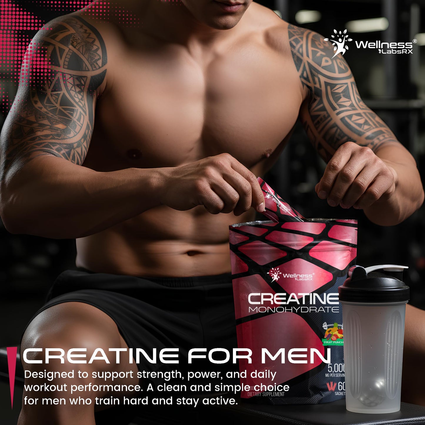 WELLNESS LABSRX Creatine Monohydrate Powder Sachets 300g – Fruit Punch Flavor Micronized Creatine Powder Supplement, Creatine for Women and Men, Supports Strength, Energy, Performance - 60 Servings