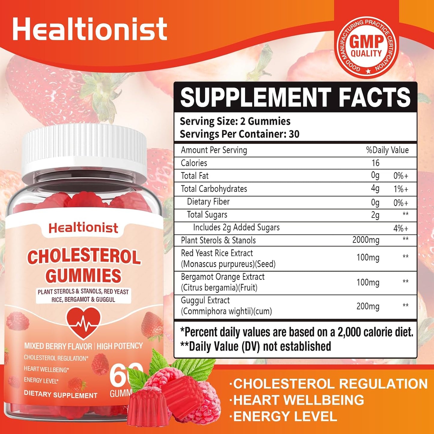 2 Packs Cholesterol Supplements with 2000 Mg Plant Sterols & Stanols, Citrus Bergamot, Red Yeast Rice, Lowering, Mixed Berry Flavor, 120 Counts