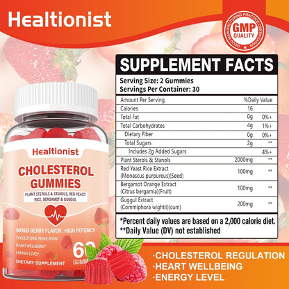 2 Packs Cholesterol Supplements with 2000 Mg Plant Sterols & Stanols, Citrus Bergamot, Red Yeast Rice, Lowering, Mixed Berry Flavor, 120 Counts