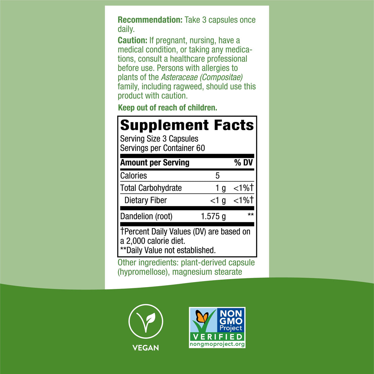 Nature's Way Dandelion Root Diuretic Herb* 525 mg per Capsule Non-GMO