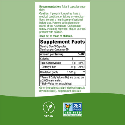Nature's Way Dandelion Root Diuretic Herb* 525 mg per Capsule Non-GMO