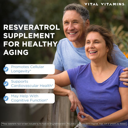 Vital Vitamins Resveratrol, 600mg with 300mg Trans-Resveratrol | Antioxidant Support for Cellular Longevity & Cognitive Function, Non-GMO, 60 Capsules