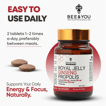 Bee and You Royal Jelly Tablet, Propolis Extract, Bee Pollen, 100% Natural Superfood, Ultra Pure, Immune Support Supplement, Improve Energy, Focus, Antioxidants, Fresh, Keto, Paleo, Gluten-Free | 60ct