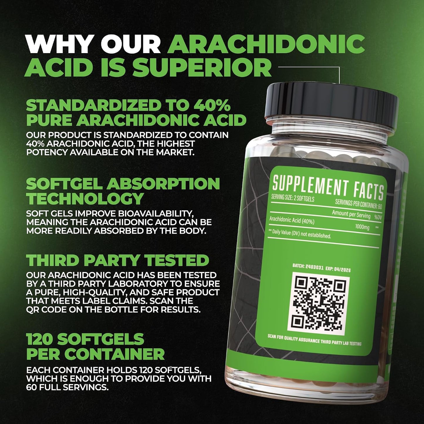 Huge Supplements Arachidone, Arachidonic Acid Supplement, Promotes Lean Mass & Increased Strength, Highest Dosed with 1000mg Per Serving, 120 Softgels