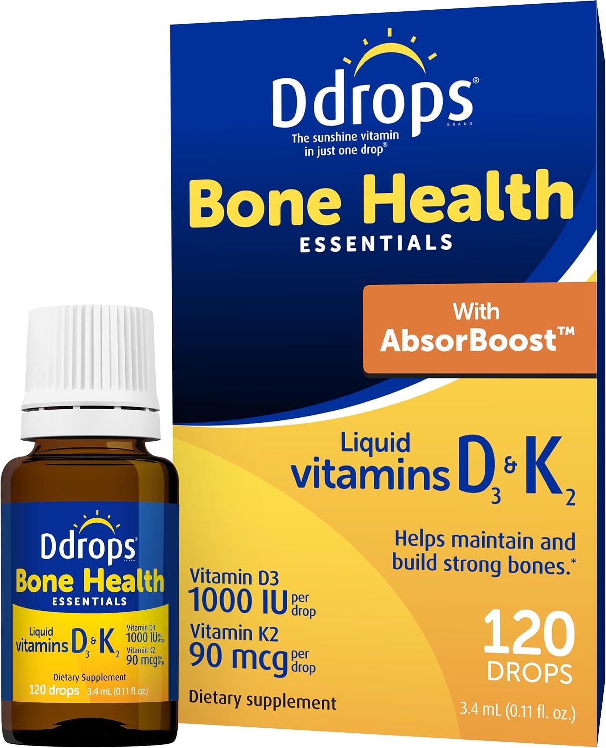 Ddrops Adult Bone Health 1000 IU Vitamin D3 + 90 mcg K2-120 Drops - Helps Maintain and Build Strong Bones and Teeth. No Artificial Preservatives, No Sugar, Non-GMO, Allergy-Friendly