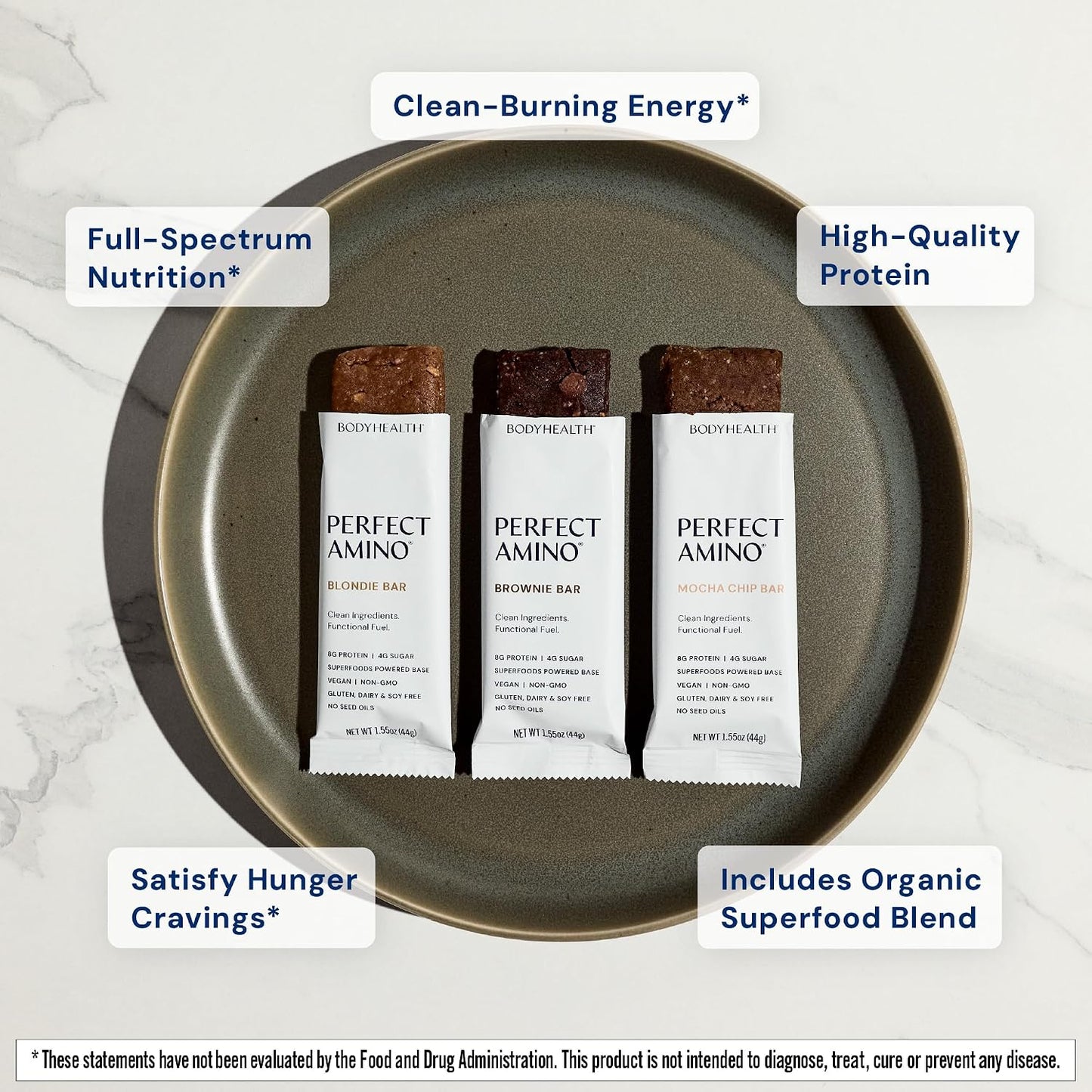 BodyHealth PerfectAmino Bar – Protein Energy Snack with 8g Protein, Plant-Based MCTs, Superfood Blend, Non-GMO, Gluten, Dairy & Soy Free (Brownie, 12 Pack)