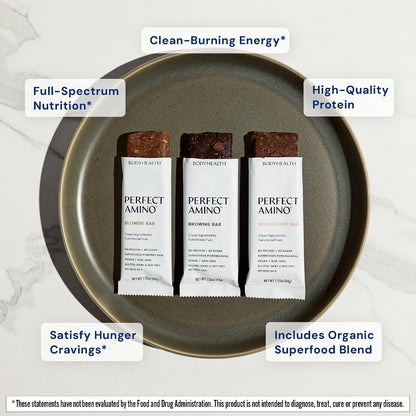 BodyHealth PerfectAmino Bar – Protein Energy Snack with 8g Protein, Plant-Based MCTs, Superfood Blend, Non-GMO, Gluten, Dairy & Soy Free (Brownie, 12 Pack)
