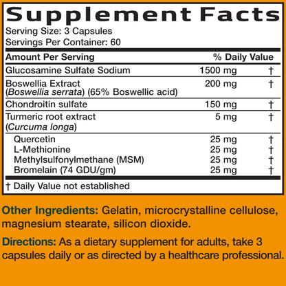 Bronson Glucosamine Chondroitin Turmeric & MSM Joint Support, 60 Capsules | Standardized Boswellia, Shellfish-Free Glucosamine, Mobility & Comfort Support, Non-GMO, Gluten-Free & Soy-Free