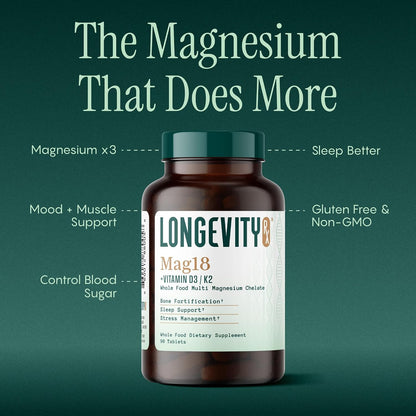 Mag18 Peptide-Bound Magnesium Complex with D3 & K2, Bone & Muscle Support, Mental Clarity, Sleep Aid