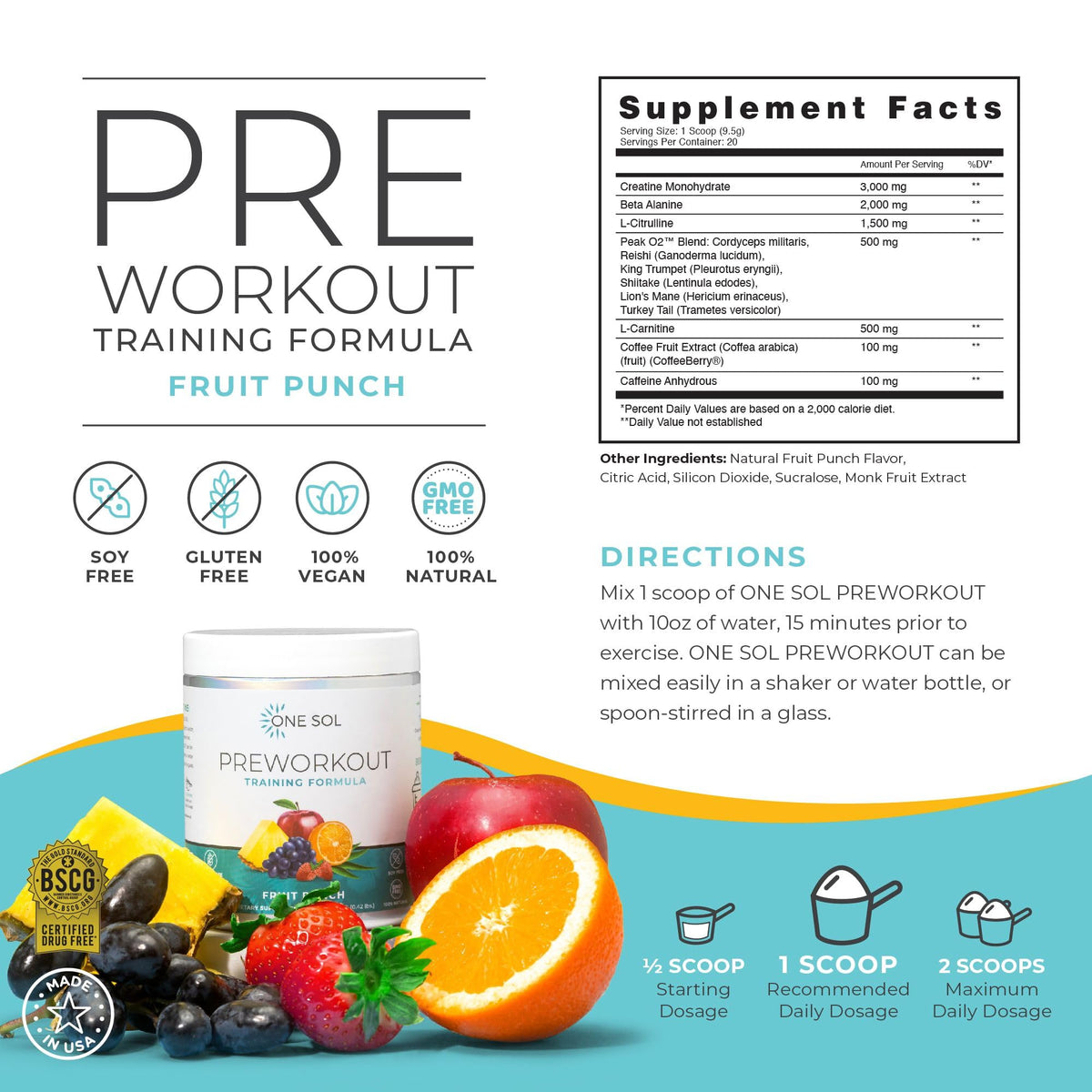 One Sol Pre-Workout for Women, Enhanced Pump & Focus, No Jitters Or Crash, Natural