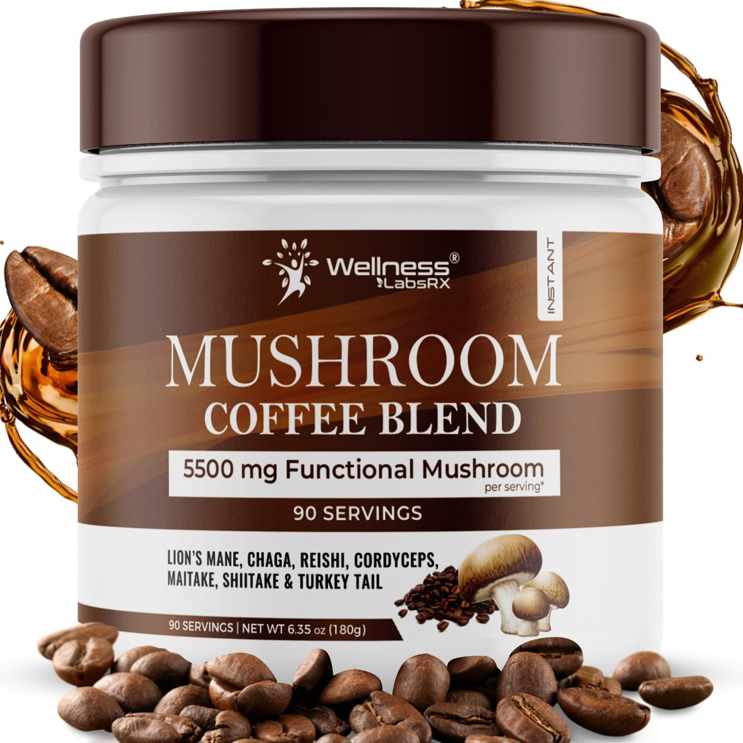 Mushroom Coffee, 90 Servings Organic Mushrooms Instant Coffea, Great Tasting Colombian Keto Coffee, 7 Superfood Mishrooms Lions Mane, Chaga, Reishi, Cordyceps, Maitake, Shiitake, and Turkey Tail