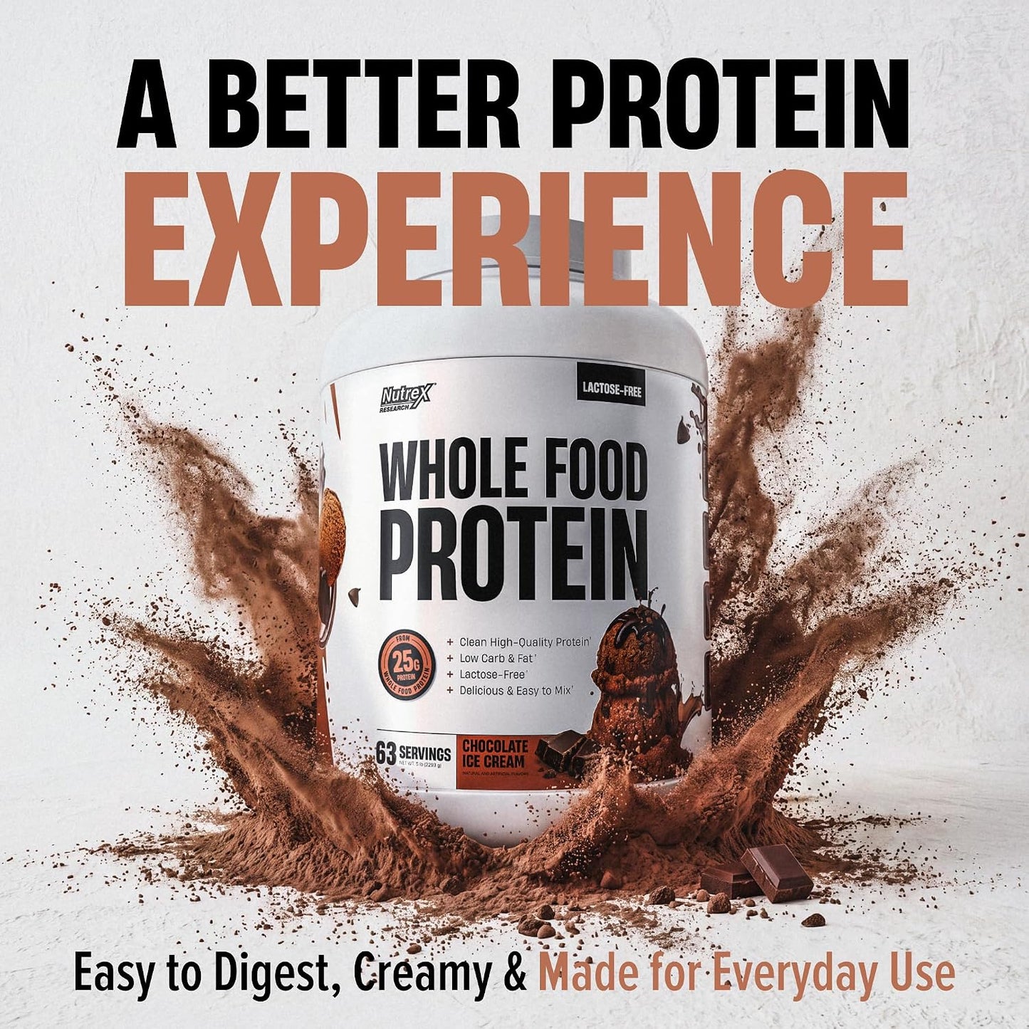 Whole Food Protein Powder - 25g Protein per Scoop, Lactose Free Protein with Beef Isolate, Collagen, Pea, Brown Rice, Chicken & Egg Protein, 0G Sugar, Keto Friendly, Chocolate Ice Cream 63 Serv