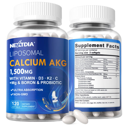 Liposomal Calcium AKG Supplement 1500mg with Vitamin D3 & K2 Softgels for Women & Men│ High Absorption│Calcium Supplements with Magnesium Glycinate, Boron, Probiotics & Vitamin C for Bone - 120 Pills