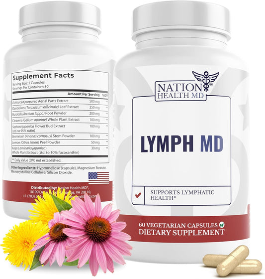 Lymph MD | Lymphatic Drainage Supplement | Lymph Support | Lymph System Support with Bromelain, Echinacea, Burdock Root, Dandelion, Rutin, Kelp. 30 Days Supply. 60 Capsules