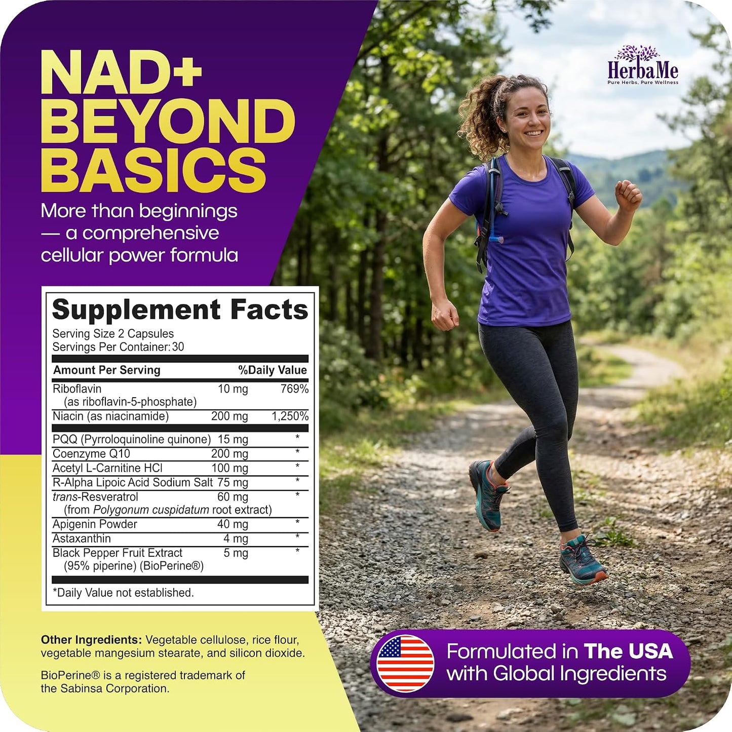 HerbaMe NAD+ Support Supplement - Multi-Pathway Cellular Energy Formula with Nicotinamide, CoQ10, PQQ, Resveratrol & Apigenin - Mitochondrial Support & Healthy Aging - 60 Capsules