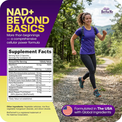 HerbaMe NAD+ Support Supplement - Multi-Pathway Cellular Energy Formula with Nicotinamide, CoQ10, PQQ, Resveratrol & Apigenin - Mitochondrial Support & Healthy Aging - 60 Capsules