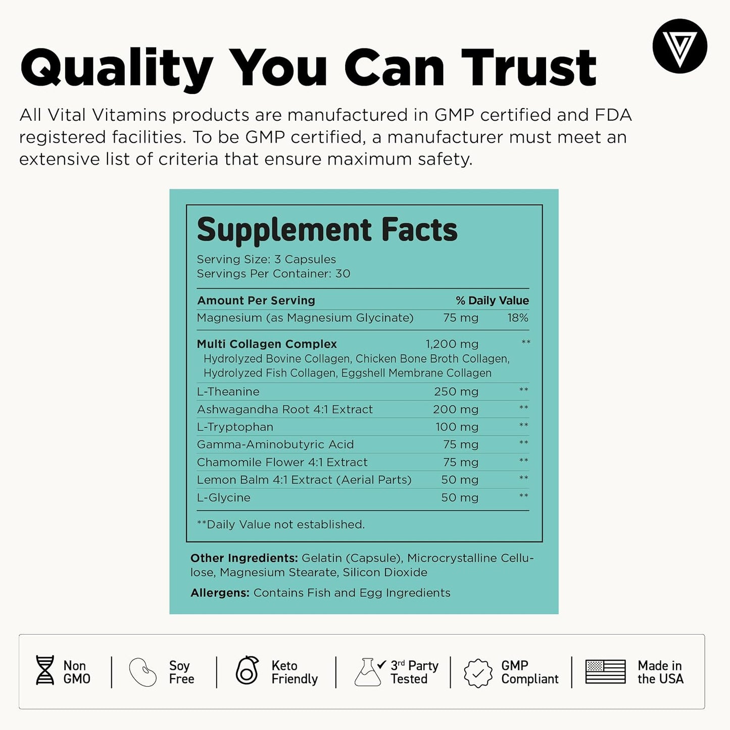 Vital Vitamins Multi Collagen Complex + Calm with Ashwagandha, 90 Capsules | Melatonin-Free Relaxation, 5 Collagen Types I, II, III, V & X with L-Theanine, Ashwagandha, GABA & Magnesium Glycinate