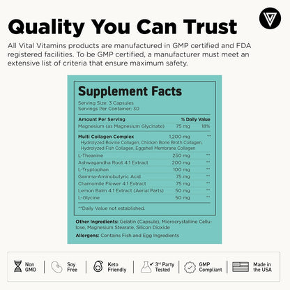 Vital Vitamins Multi Collagen Complex + Calm with Ashwagandha, 90 Capsules | Melatonin-Free Relaxation, 5 Collagen Types I, II, III, V & X with L-Theanine, Ashwagandha, GABA & Magnesium Glycinate