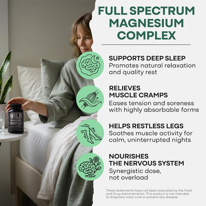 Wild Foods Magnesium Complex Supplement with 7X Forms, 90 Capsules | High Absorption, Full Spectrum, Easy Digestion | 500mg Glycinate, Bisglycinate, Malate, Orotate, Citrate, Taurate