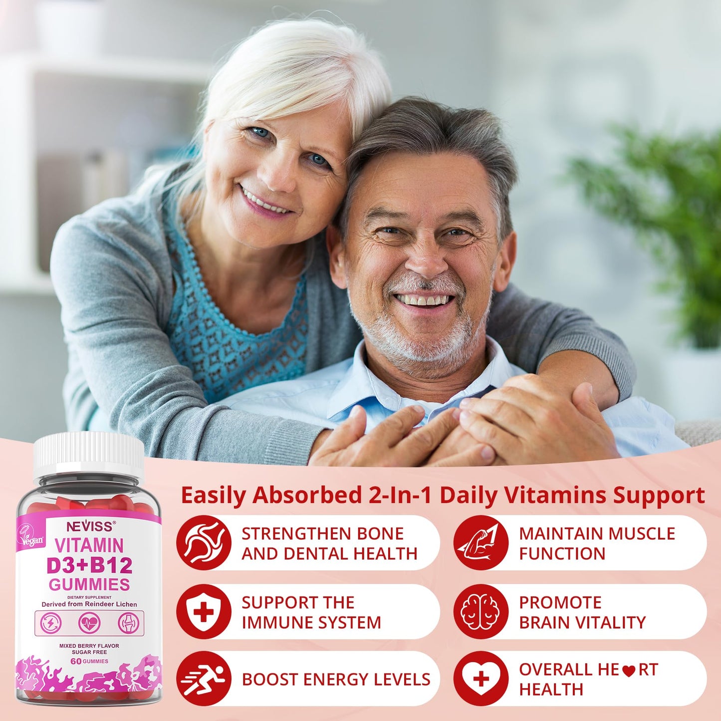 NEVISS 2Pack Vegan Vitamin D3 + Vitamin B12 Gummies, High Potency D3 5000IU & 1000 mcg Methylated B12, Vitamin D3 and B12 for Adults, Support Bone Health, Immune & Energy Supplement, 120 Count