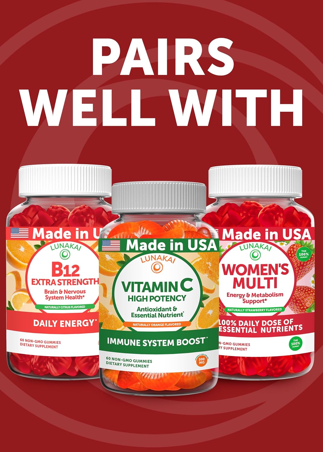 Lunakai USA Made Vegan Iron Gummies 5-in-1 with Methylfolate, Vitamin C, E & B12 - Daily Chewable Iron Supplement for Women, Men & Kids - Energy & Blood Health Support, Non-GMO, 60ct
