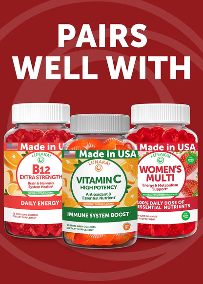 Lunakai USA Made Vegan Iron Gummies 5-in-1 with Methylfolate, Vitamin C, E & B12 - Daily Chewable Iron Supplement for Women, Men & Kids - Energy & Blood Health Support, Non-GMO, 60ct