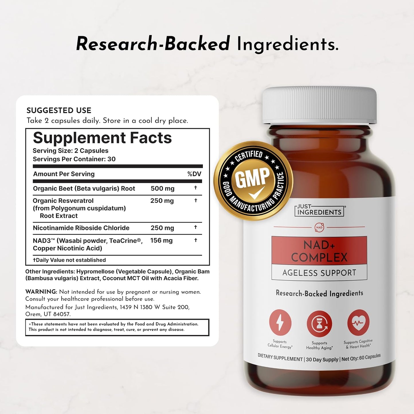 JUST INGREDIENTS NAD+ Supplement - Cellular Energy & Resveratrol Support - 60 Capsules