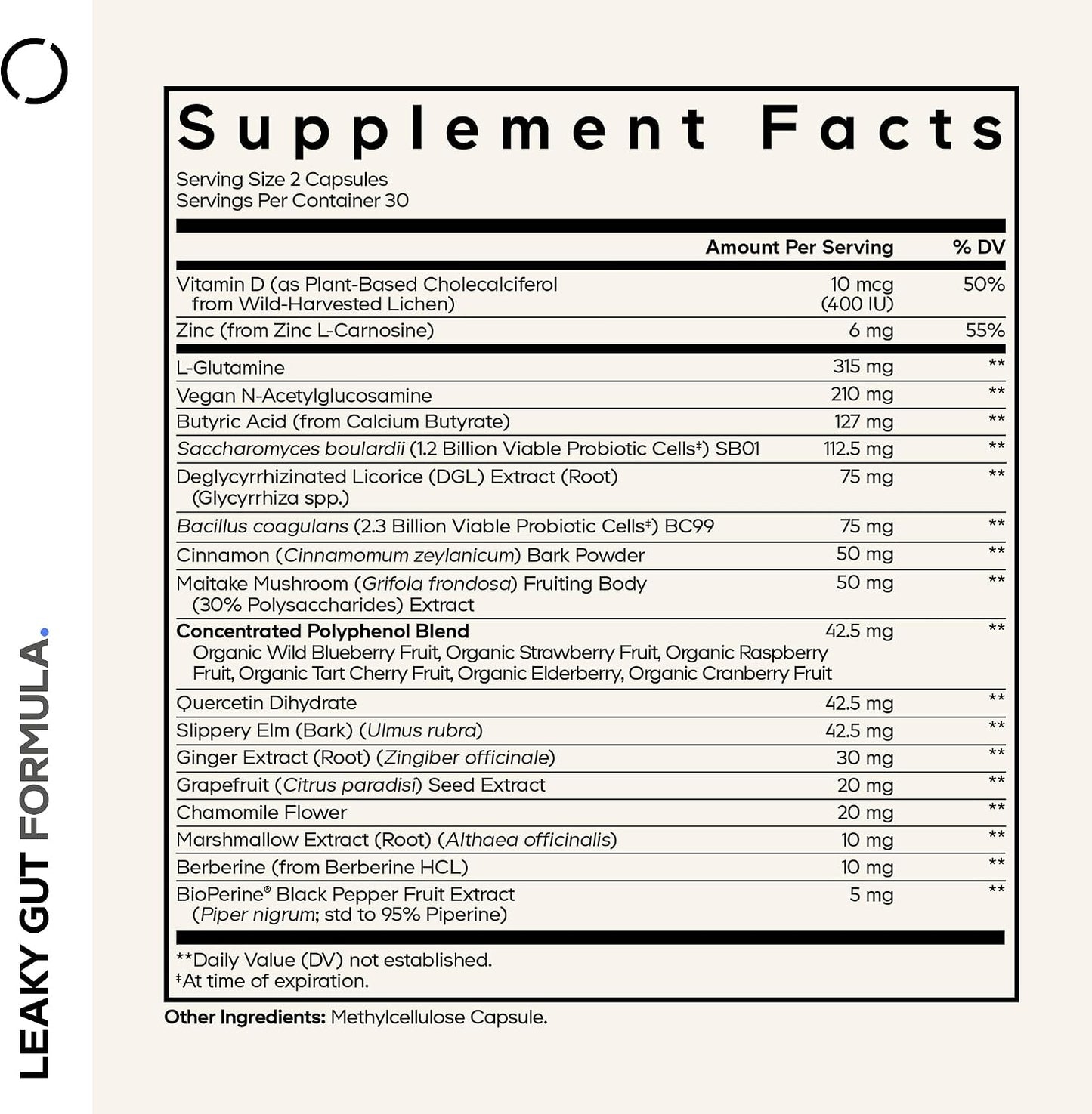 Codeage Leaky Gut Supplement, L-Glutamine, N-Acetylglucosamine, Probiotic, Butyric Acid, Polyphenols, Quercetin, DGL, Marshmallow Root, Berberine, BioPerine, Cinnamon, Vegan, Non-GMO, 60 Capsules