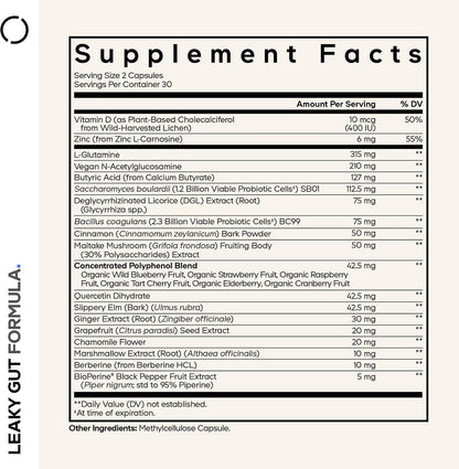 Codeage Leaky Gut Supplement, L-Glutamine, N-Acetylglucosamine, Probiotic, Butyric Acid, Polyphenols, Quercetin, DGL, Marshmallow Root, Berberine, BioPerine, Cinnamon, Vegan, Non-GMO, 60 Capsules