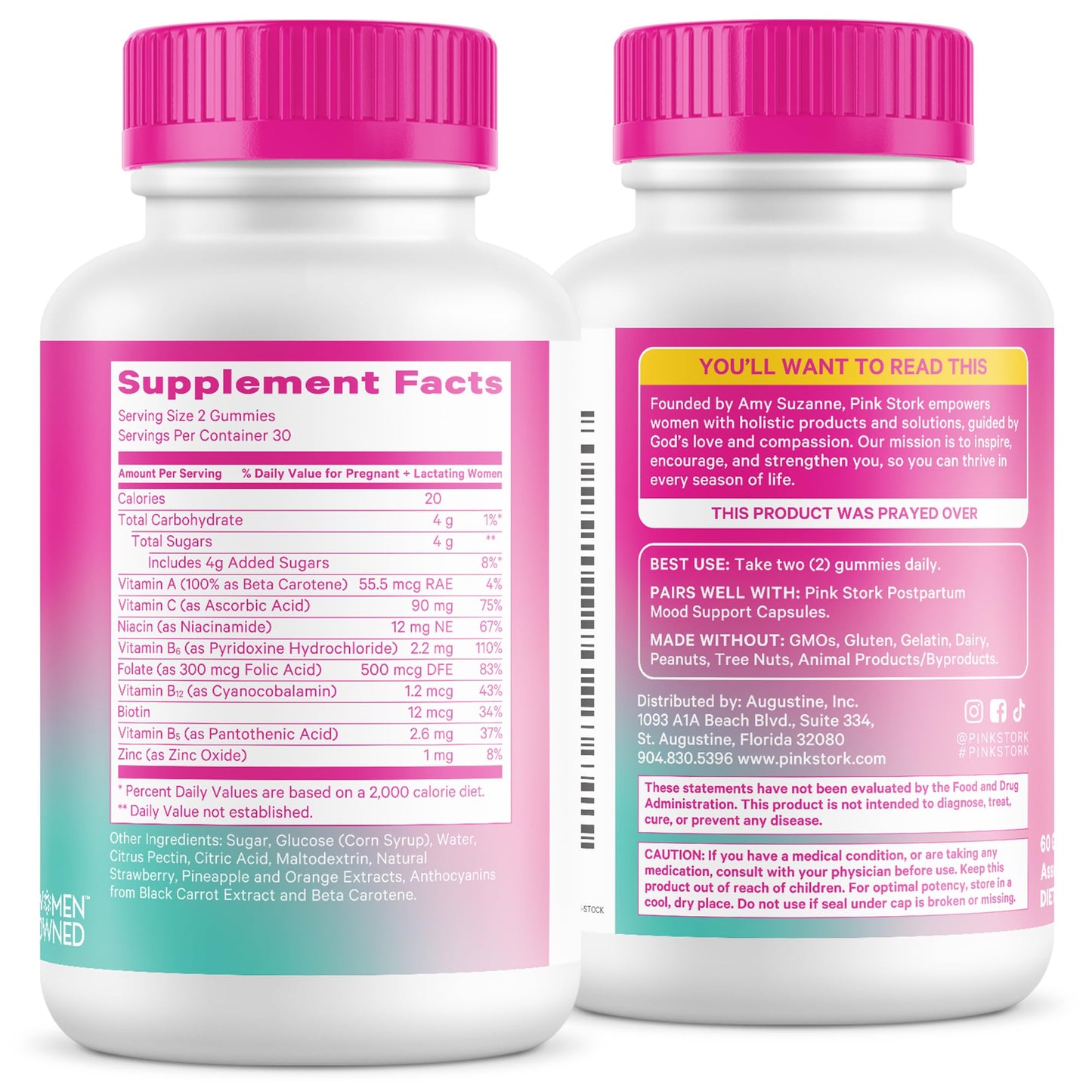 Pink Stork Total Postnatal Vitamin Gummies, 60 Count | Multivitamin for Postpartum Recovery, Lactation Support, Folic Acid, B6, Zinc, + Vitamin C, Postpartum Essentials