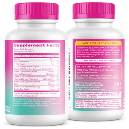 Pink Stork Total Postnatal Vitamin Gummies, 60 Count | Multivitamin for Postpartum Recovery, Lactation Support, Folic Acid, B6, Zinc, + Vitamin C, Postpartum Essentials