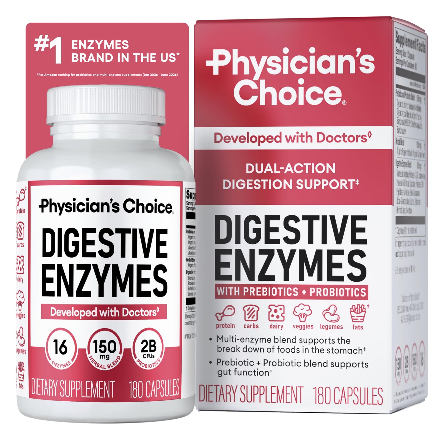 Physician's CHOICE Digestive Enzymes for Bloating & Digestion - Fast-Acting 16 Enzyme Formula with Organic Prebiotics & Probiotics for Gut & Digestive Health - Meal Time Discomfort Relief - 60 CT