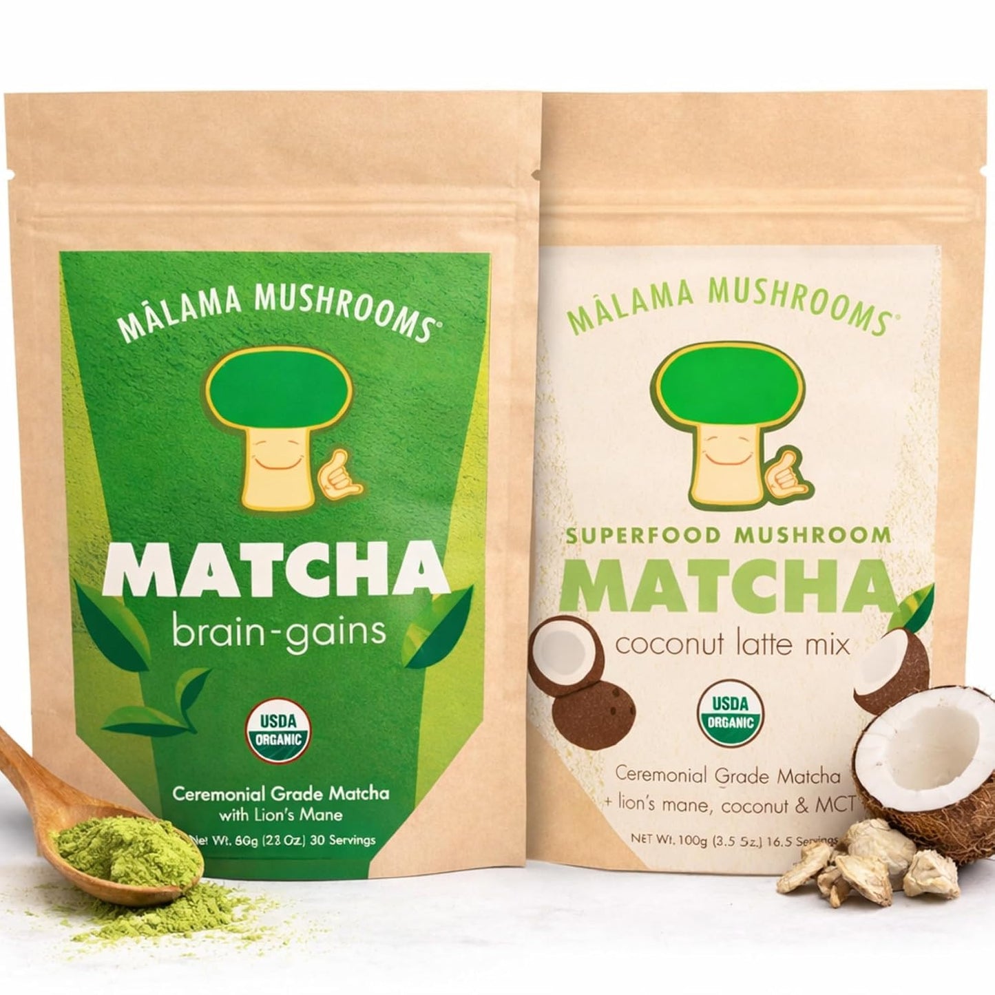 Malama Matcha Powder Duo Bundle – Ceremonial Grade Matcha Original & Coconut Latte Powders with Organic Lion’s Mane – Premium Japanese Green Tea | Organic, Gluten-Free & Vegan for Energy & Focus